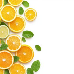 Obraz premium Top view of fresh citrus slices and mint leaves on white background. Bright and colorful mix of oranges, lemons, limes, and mint.
