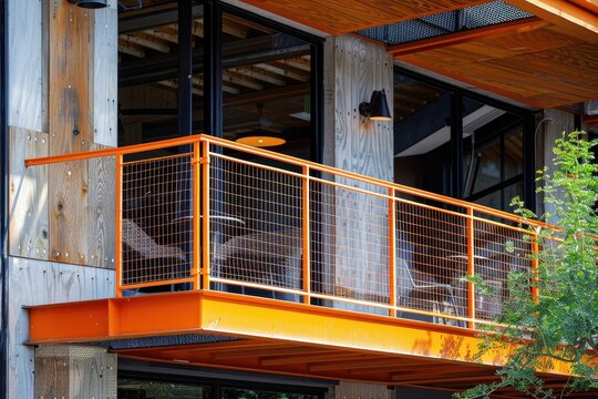 Modern cafe with orange steel frame balcony and iron wire mesh fence