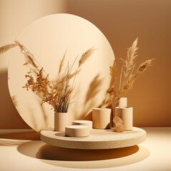 A still life image of dried beige plants in cylindrical vases on a beige podium against a beige background. Warm, modern, and minimalist, perfect as a background or stand-alone image.