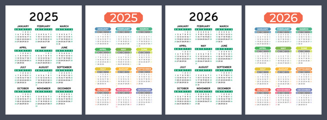 2025 and 2026 calendar set. Vector pocket calender design. Week starts on Sunday. January, February, March, April, May, June, July, August, September, October, November, December