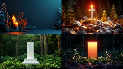 A serene collection of memorial scenes featuring candles, crosses, and grave markers amidst lush greenery and soft lighting.