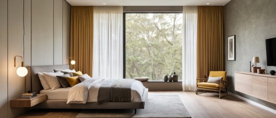 Modern cozy bedroom interior featuring a large window, stylish decor, wooden elements, and a comfortable bed with pillows and throws. Bright and inviting space with natural light.
