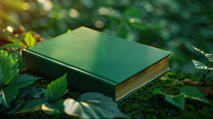 A tranquil green book placed on lush moss surrounded by vibrant leaves, perfect for nature lovers and literary enthusiasts.