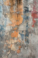 Fototapeta premium A worn-out wall with peeling paint and a vintage-style fire hydrant in the background