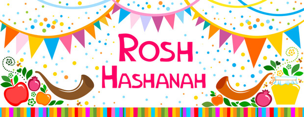Rosh hashanah (jewish New Year holiday) concept. Traditional symbols. Template for postcard or invitation card, poster, banner. Horizont banner. Greeting, invitation card or flyer. Vector illustration