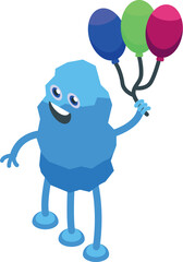 Friendly, smiling, blue cartoon monster holding colorful balloons
