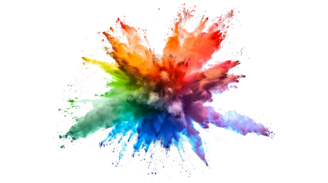 bright rainbow paint color powder festival explosion burst isolated white background.	