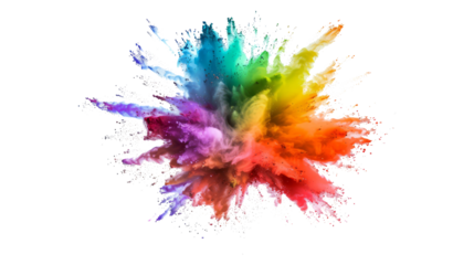 bright rainbow paint color powder festival explosion burst isolated white background.	