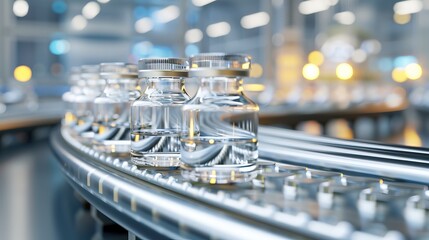 3D rendering of a pharmaceutical factory line with glass jars on a conveyor