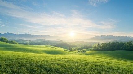 Sunrise Over Rolling Green Hills with Clear Sky