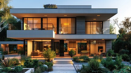 Fototapeta premium Modern style house design with square shapes, white and grey color scheme
