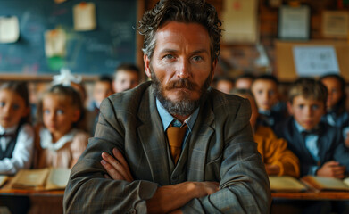 Fototapeta premium School teacher with children in the background, created with Generative AI technology.