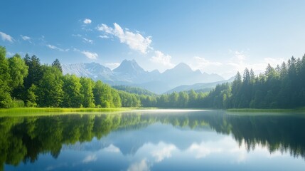 Obraz premium Tranquil mountain lake with forest reflection
