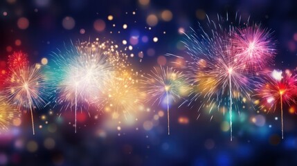 Fototapeta premium Abstract holiday background featuring a dazzling array of colorful fireworks exploding in the dark sky,