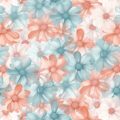 Seamless pattern of delicate pastel blue and peach flowers.