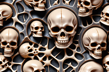 Skulls. Biomechanical concept. Seamless pattern. Digital illustration.