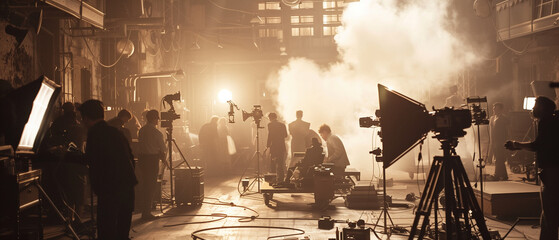 A smoky film set with a team preparing for a movie scene