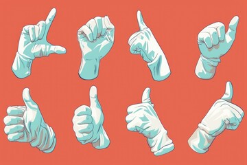 A collection of hands making various gestures on a bright red surface