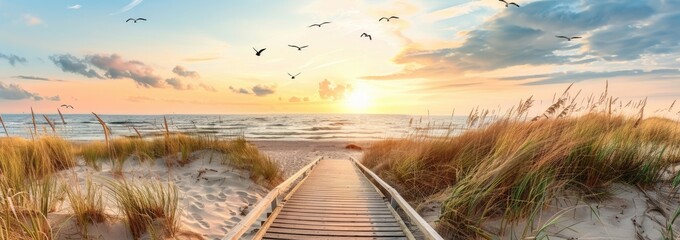 Sunset Beach Path with Golden Sands and Grass