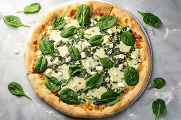 Fresh spinach and feta cheese pizza on white surface.