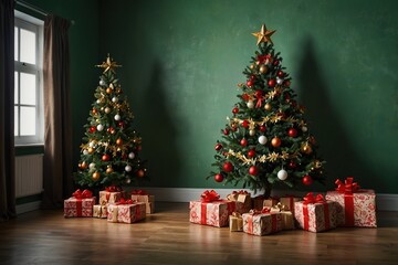 Decorated christmas tree and presents in empty green room