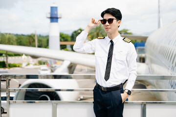 Asian Confident male pilot in uniform leaning at the passenger seat while standing inside of the airplane flight cockpit during takeoff and checking