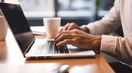 Fototapeta premium Close-up view of a young woman's hands typing on a wireless keyboard