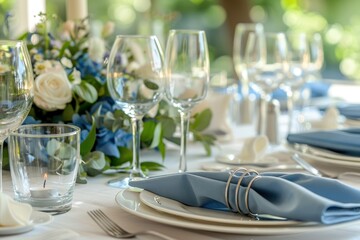 Sophisticated table setting with blue napkins fine glassware white plates and a floral centerpiece enhanced by candles and stylish napkin rings ideal for formal occasions