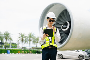 Male aviation engineer in safety gear inspecting an airplane engine, embodying professionalism