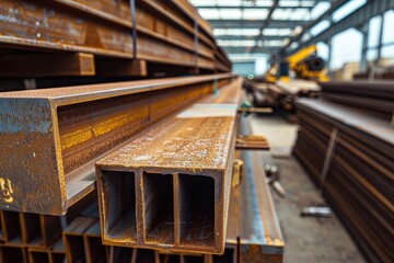 Steel beam profiles stored in packs at a metal warehouse in Thailand
