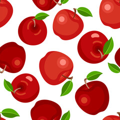 Red apples seamless pattern. Fruits background. Vector cartoon flat illustration.