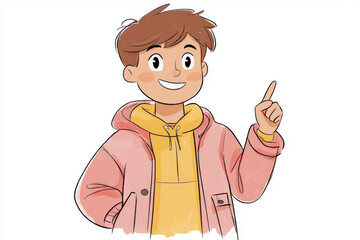 Fototapeta premium Happy smiling cartoon character man showing pointing finger standing confident on white background. Successful people male person concept