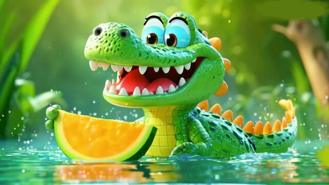Cheerful cartoon Crocodile character with cute smile. Sweet fruit, happy funny water personage. Healthy concept High quality HD 4K video