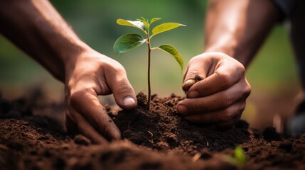 Fototapeta premium Person's hands carefully planting a seedling into fertile soil