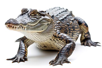 Fototapeta premium Detailed Image of a Crocodile on a White Background, Emphasizing Its Size and Strength
