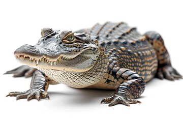 Fototapeta premium Crocodile Isolated on a White Background, Showcasing Its Textured Skin and Sharp Teeth