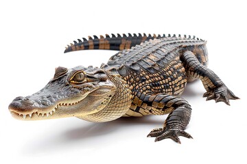 Obraz premium Crocodile on a White Background, Displaying Its Scaled Skin and Powerful Jaw