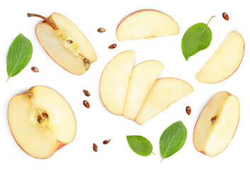 sliced apple and leaves of an apple tree on a white isolated background