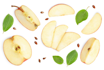 sliced apple and leaves of an apple tree on a white isolated background