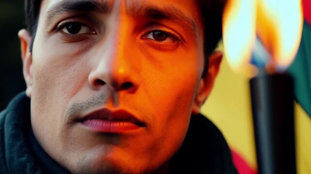 A protester stands in front of a colorful banner their hand holding a burning torch the flame reflecting in their determined eyes.