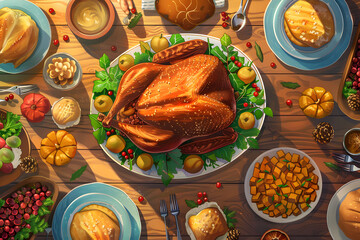 Top View of a Festive Thanksgiving Dinner Table with Roasted Turkey, Seasonal Vegetables, and Holiday Decorations