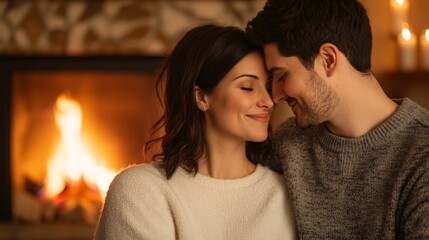 couple in love by fireplace warm colors romantic cozy winter