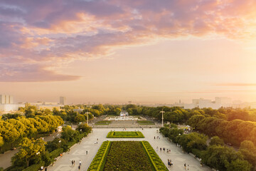 Gorky Park in Moscow in the evening during a beautiful sunset