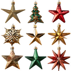 A Collection of Nine Sparkling Star-Shaped Christmas Ornaments Against a Black Background