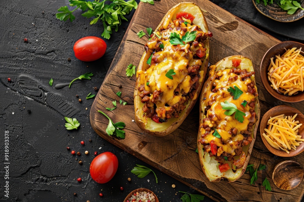 Wall mural top view of mexican style baked potatoes stuffed with chili con carne and cheese on a cutting board