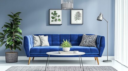 A vibrant living room in bold blue tones with a blue sofa, a white coffee table, a gray rug, a silver lamp, and a green plant, exuding energy and freshness