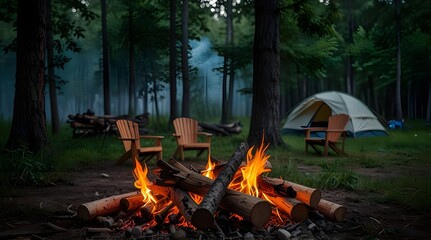 Beautiful bonfire with burning firewood near chairs.generative.ai 