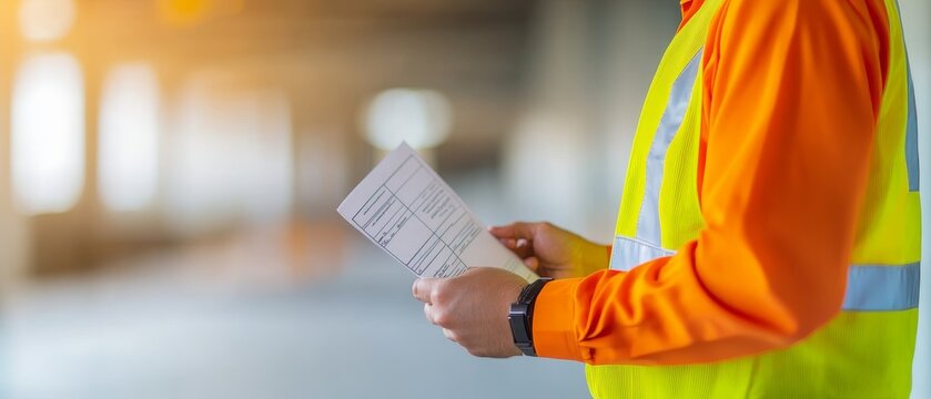 construction worker reading plans and documents on building site, industrial safety, safety gear, construction safety, construction industry, engineering, architecture, work, job, site, foreman, proje