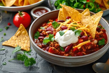Traditional Mexican concept with beef stew in tomato sauce sour cream and rice