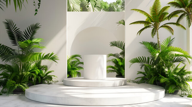 Minimal podium abstract background for product presentation, Leaf shadow on white plaster wall, Empty round white podium or platform for product display on white wall background surrounded by green 